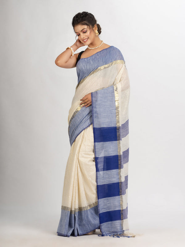 Women's White And Rolex Cotton Check Handloom Saree - Angoshobha