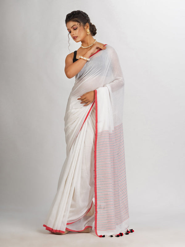 Women's White Handwoven Cotton Stipe handloom Saree - Angoshobha