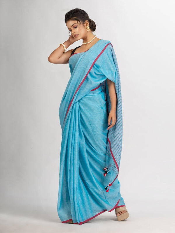 Women's Sky Blue Handwoven Cotton Stipe handloom Saree - Angoshobha