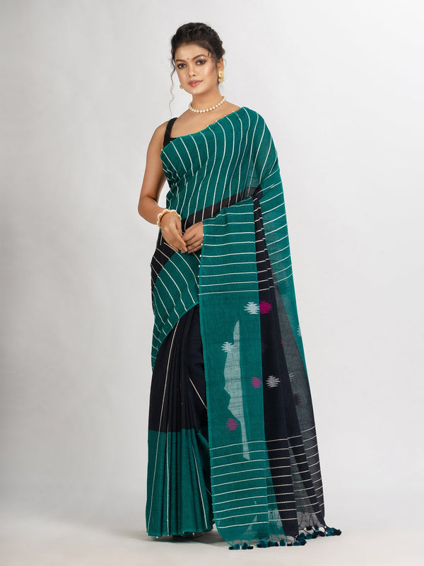 Women's Black And Raja Handwoven Cotton Jamdani handloom Saree - Angoshobha