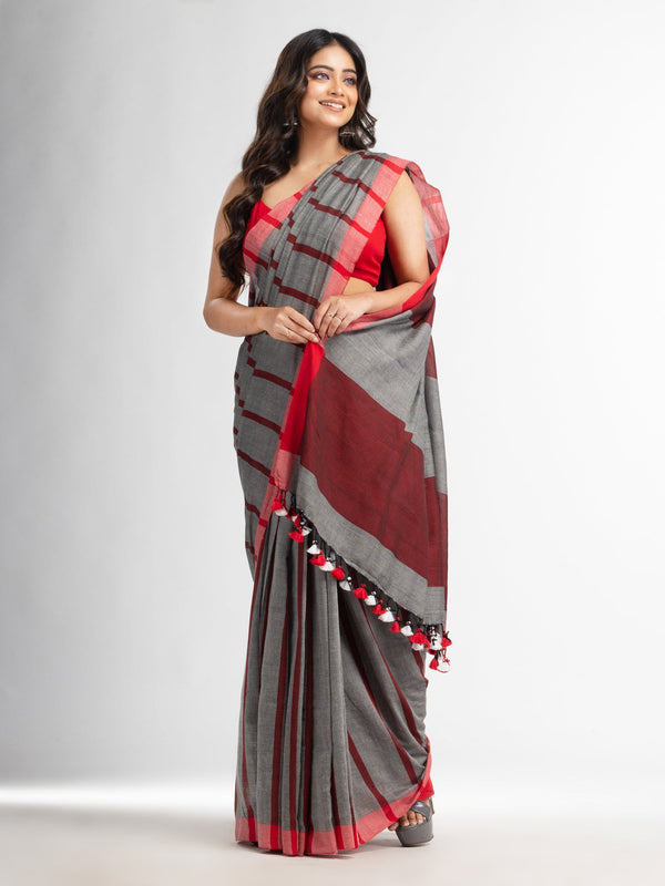 Women's silver all body red strip moklin red border handwoven maslight saree - Angoshobha