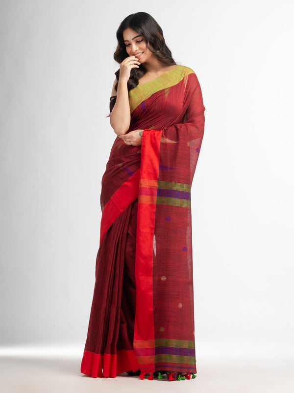 Women's Rust all over ball Buti with Pallu in temple border handwoven saree - Angoshobha