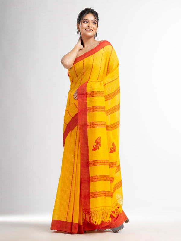 Women's Yellow all body small fish design with fish design pallu in solid border handwoven cotton saree - Angoshobha