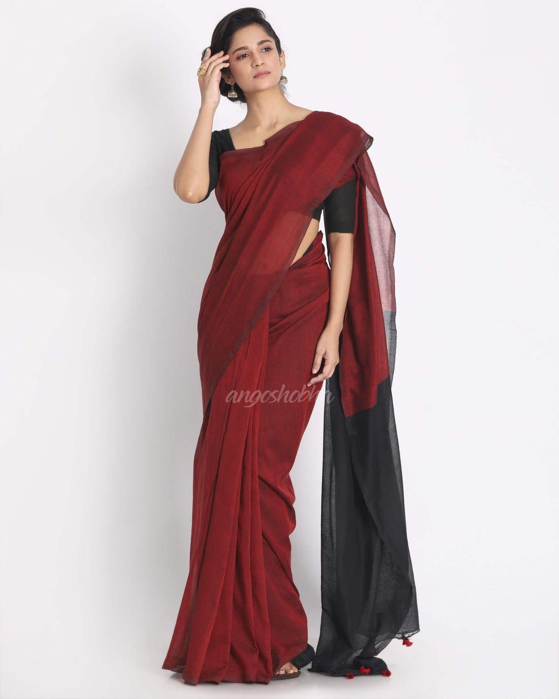 Women's Khadi Cotton Handloom Saree With Pompom Pallu - Angoshobha