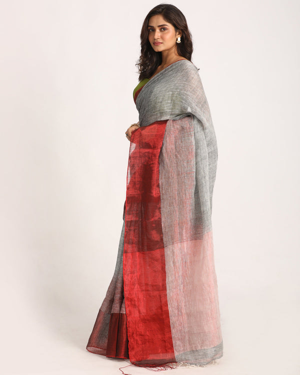 Women's Design Zari Border Grey Handloom Traditional Linen Saree - Angoshobha