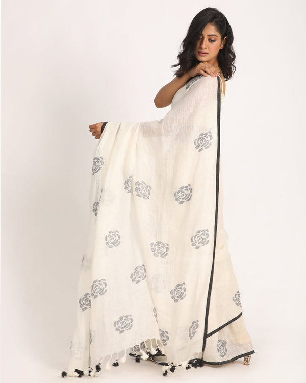 Women's White Traditional Handloom Linen Jamdani Saree - Angoshobha