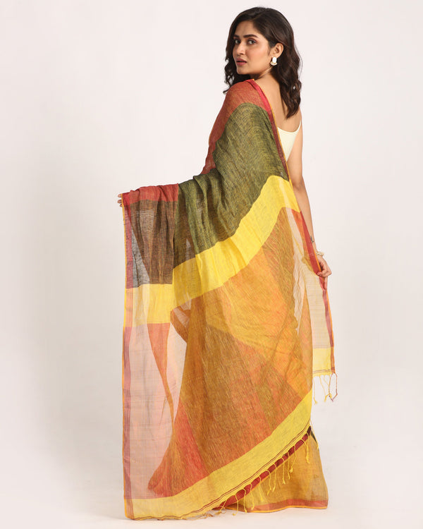 Women's Multicolour Traditional Handloom Check Linen Saree - Angoshobha