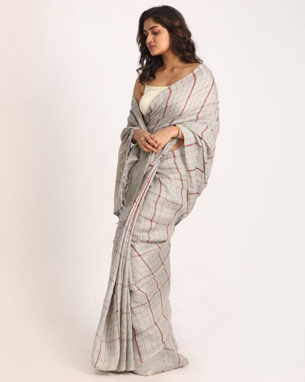 Women's Silver Grey Traditional Handloom Check Linen Saree - Angoshobha