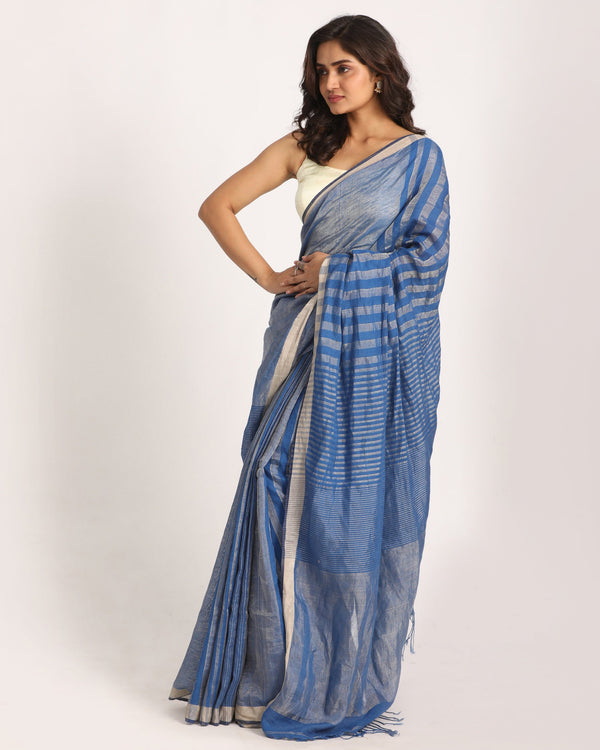 Women's Royel Blue Check Traditional Handloom Linen Saree - Angoshobha