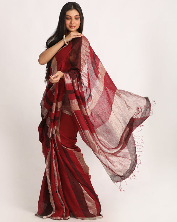 Women's Maroon Black Silver Traditional Handloom Check Linen Saree - Angoshobha