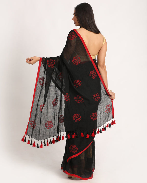 Women's Black Traditional Handloom Linen Jamdani Saree - Angoshobha