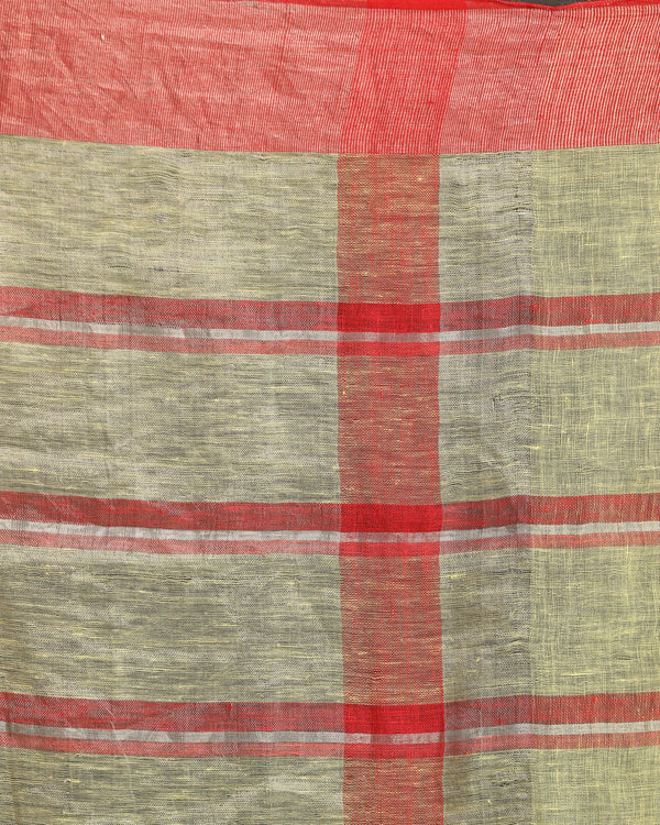 Women's Lemon Maroon Handloom Check Linen Saree - Angoshobha