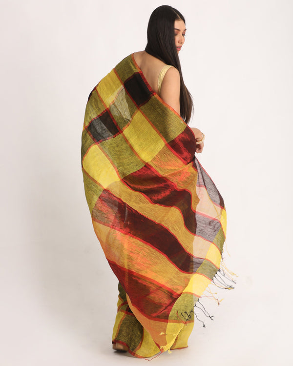 Women's Yellow Black Traditional Check Linen Handloom Saree - Angoshobha