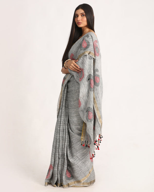 Women's Grey Traditional Handloom Linen Jamdani Saree - Angoshobha