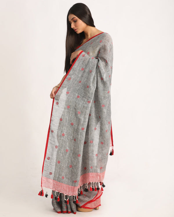 Women's Grey Traditional Handloom Linen Jamdani Saree - Angoshobha