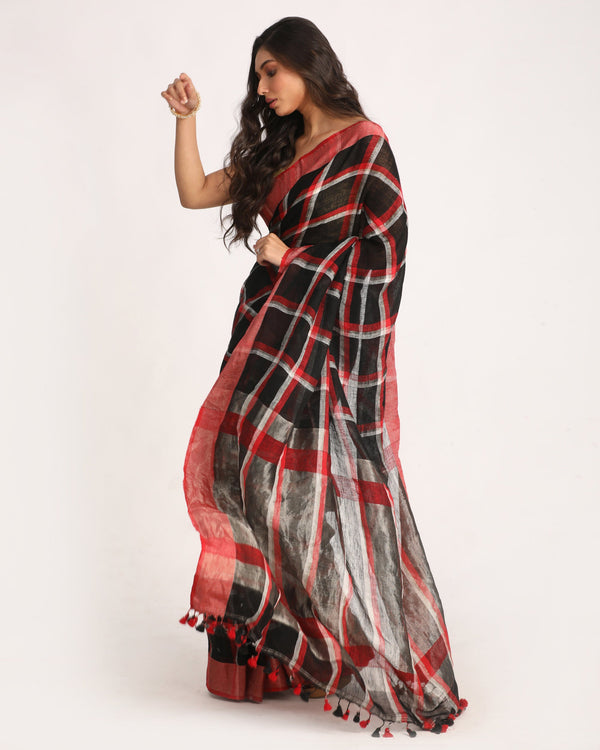 Women's Black Red Traditional Check Linen Handloom Saree - Angoshobha