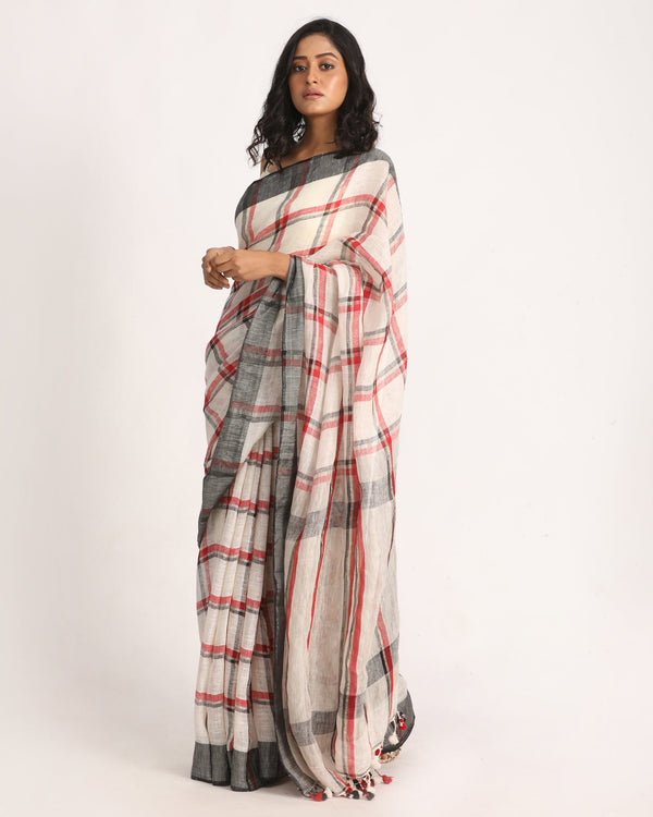 Women's Off White Red Traditional Check Linen Handloom Saree - Angoshobha