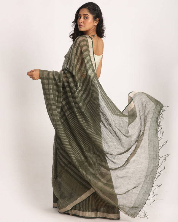 Women's Dark Moss Green Traditional Check Linen Handloom Saree - Angoshobha