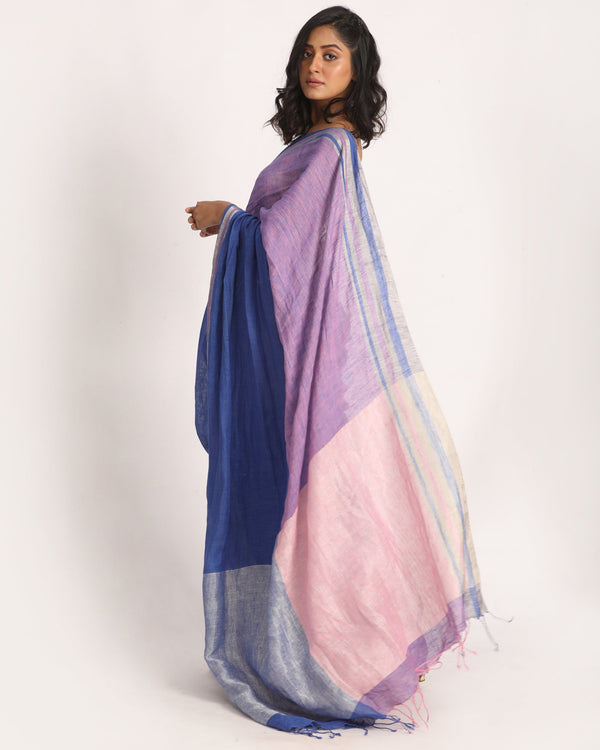 Women's Royel Blue Light Pink Traditional Handloom Linen Saree - Angoshobha