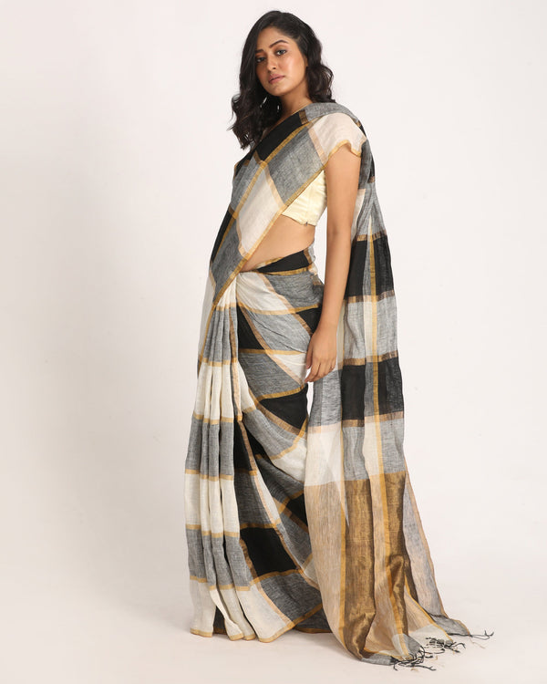 Women's White Black Traditional Check Linen Handloom Saree - Angoshobha