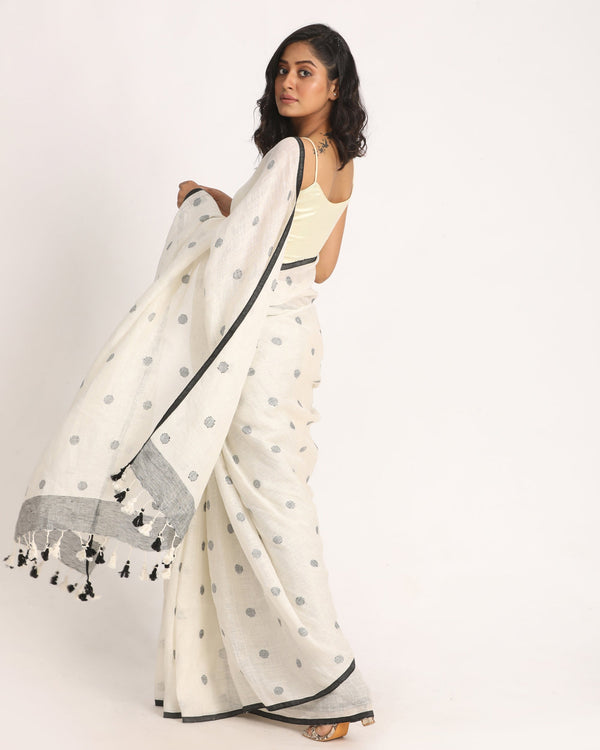 Women's White Traditional Handloom Linen Jamdani Saree - Angoshobha