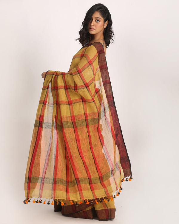 Women's Muga Red Traditional Check Linen Handloom Saree - Angoshobha