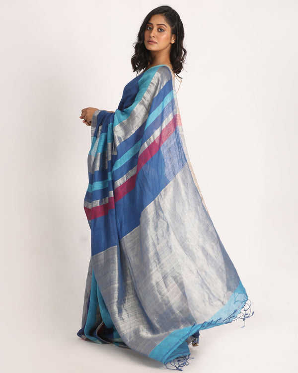 Women's Multicolour Traditional Handloom Check Linen Saree - Angoshobha