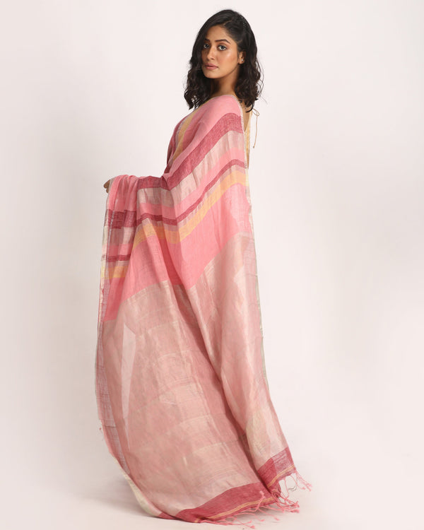 Women's Multicolour Traditional Handloom Check Linen Saree - Angoshobha