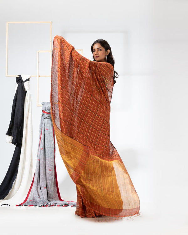 Women's Handloom Dark Orange Linen Saree - Angoshobha