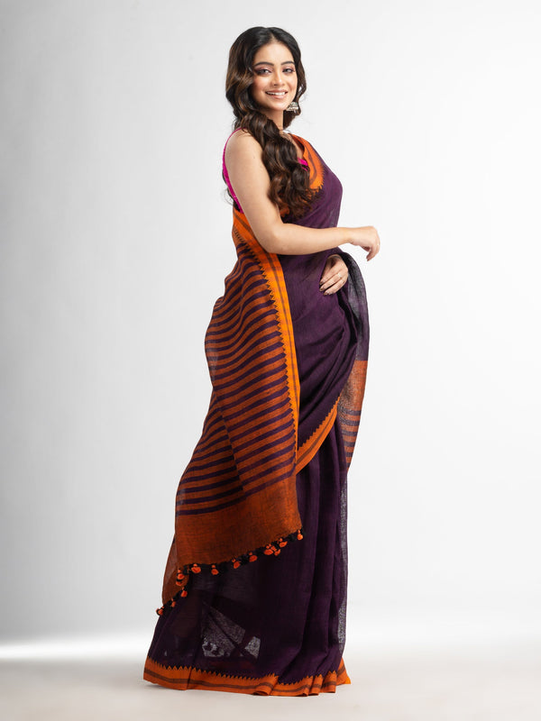 Women's Purple with multe colour pallu in jacquard design Handwoven linen Saree - Angoshobha