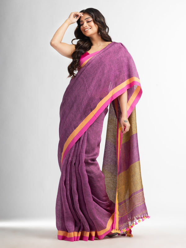 Women's Lipgloss pink in multe colour border handwoven linen saree - Angoshobha