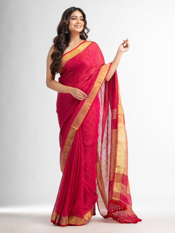 Women's Rani all body jacquard weaving silver zari pallu with gold zari border handwoven linen saree - Angoshobha