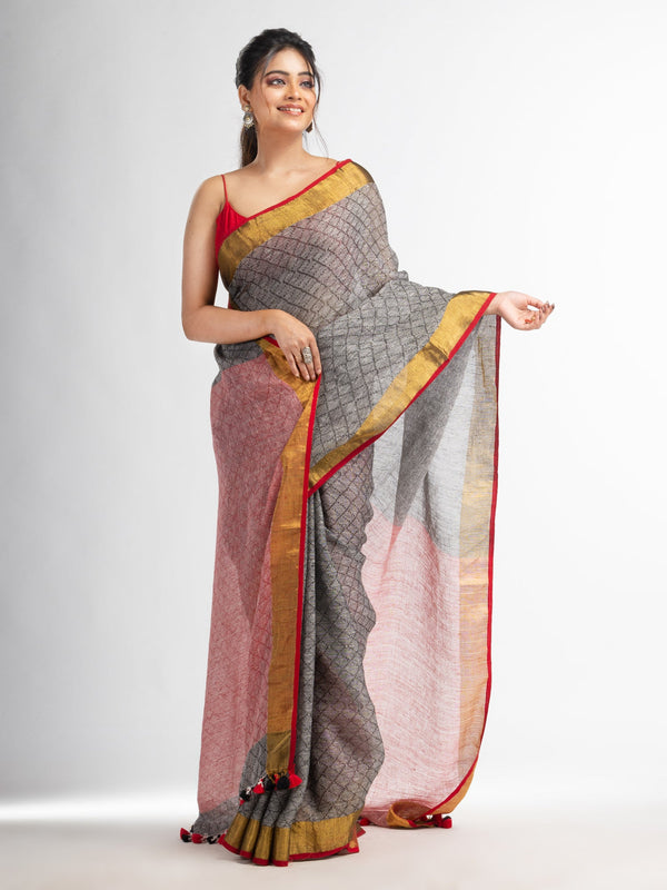 Women's grey all body jacquard weaving red pallu with gold zari border handwoven linen saree - Angoshobha