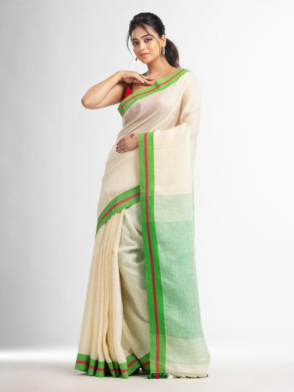 Women's Cream with green pallu in multi colour boeder handwoven linen saree - Angoshobha