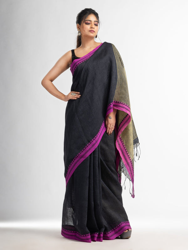 Women's Charcoal with Lemon yollow pallu in jacquard boeder handwoven linen saree - Angoshobha