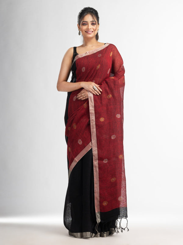 Women's Black Red half and half with ball buti pallu in silver zari border handwoven linen saree - Angoshobha