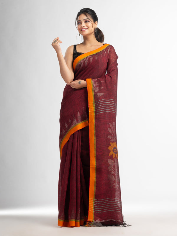 Women's Moroon with jamdani pallu in temple border handwoven linen saree - Angoshobha