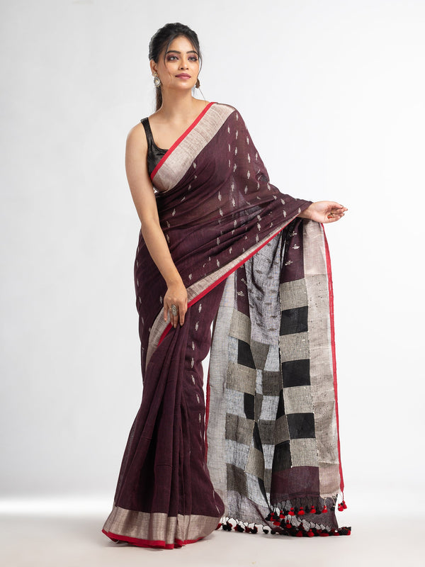 Women's Coffee brown all body buti with box pallu in silver zari border handwoven linen saree - Angoshobha