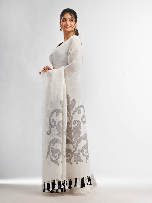 Women's White jamdani handwoven linen saree - Angoshobha