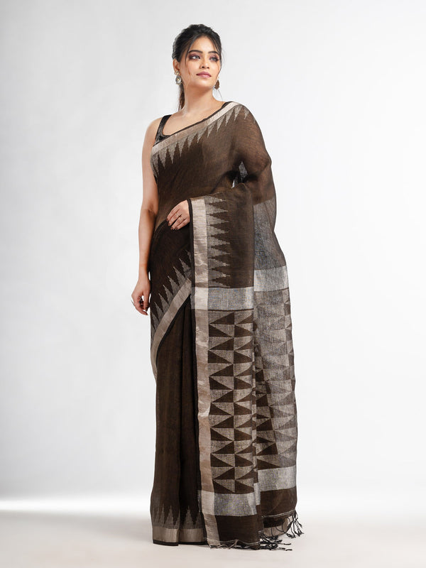 Women's Coffee brown with all pallu zari buti in temple border handwoven linen saree - Angoshobha