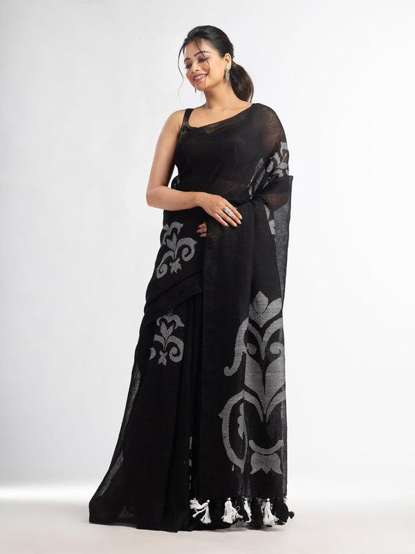 Women's Black jamdani handwoven linen saree - Angoshobha