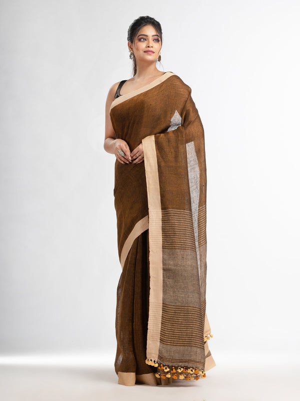 Women's Brown with multi colour pallu in solit boeder handwoven linen saree - Angoshobha