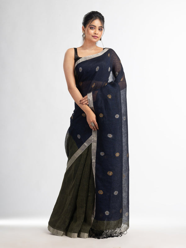 Women's Sage Green Nevy blue half and half with ball buti pallu in silver zari border handwoven linen saree - Angoshobha