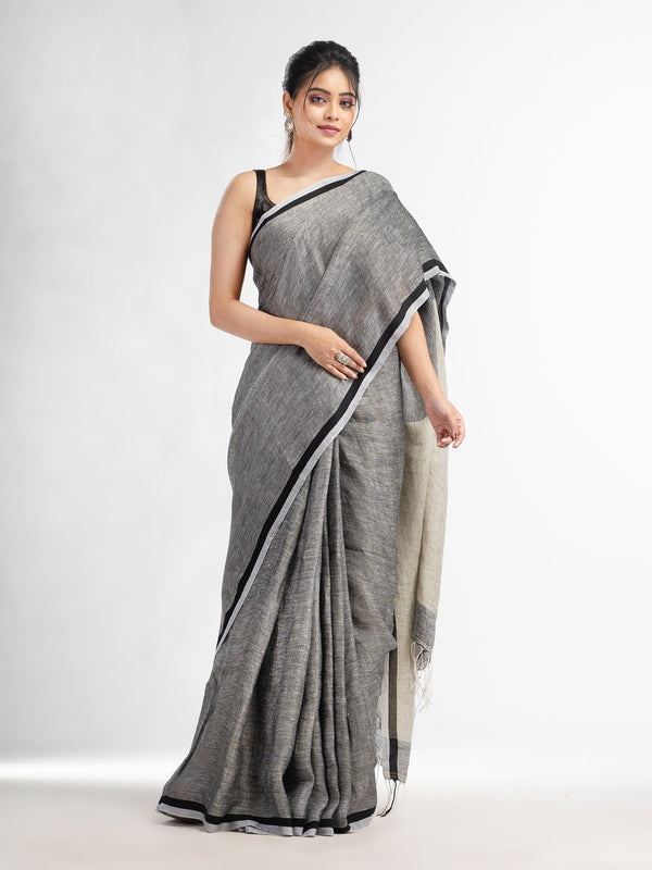 Women's Grey twill weaving with sage green pallu in white and black border handwoven linen saree - Angoshobha