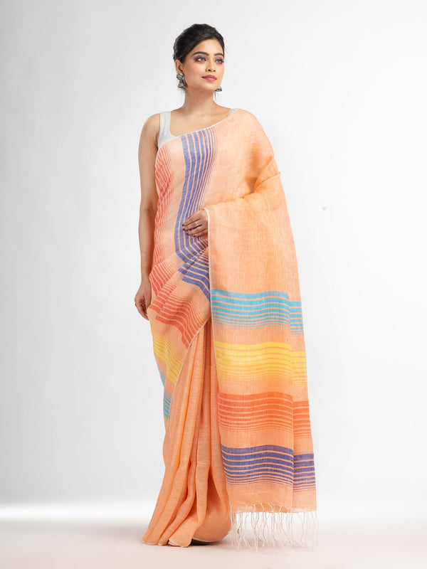 Women's Peach with multi colour pallu handwoven linen saree - Angoshobha