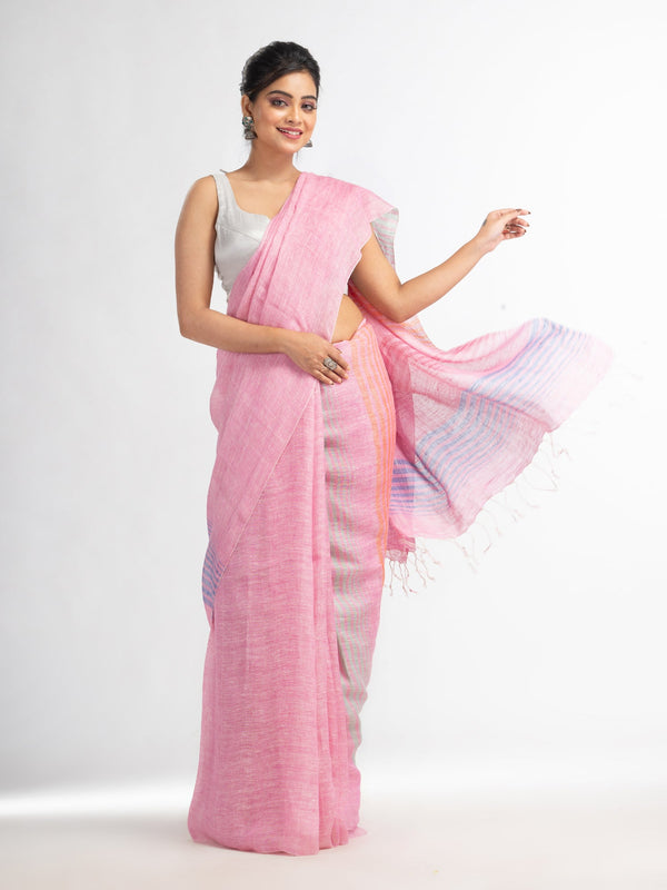 Women's Pink with multi colour pallu handwoven linen saree - Angoshobha