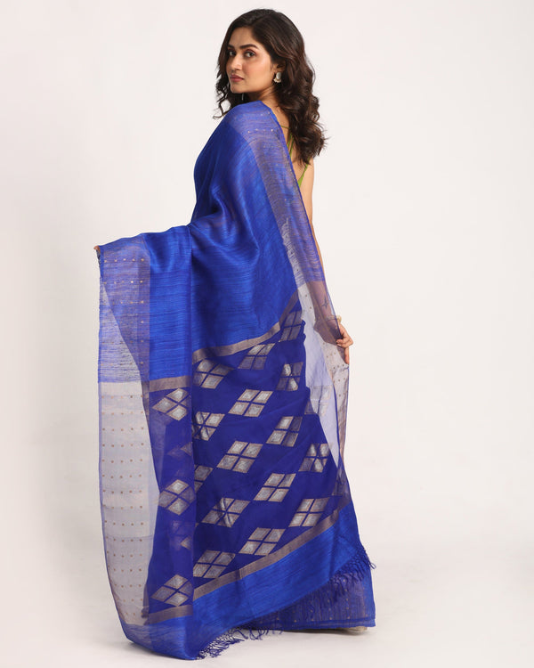 Women's Royel Blue Matka Silk Handloom Traditional Jamdani Saree - Angoshobha