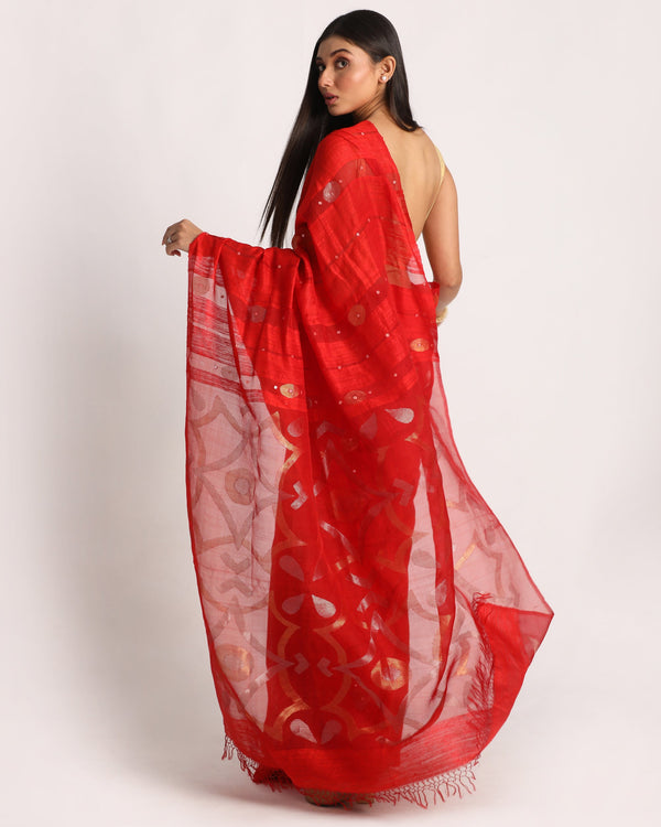 Women's Red Matka Silk Handloom Traditional Sequin Jamdani Saree - Angoshobha