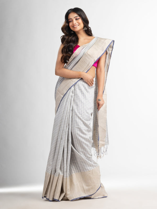 Women's Silk matka check silver zari border handwoven saree - Angoshobha