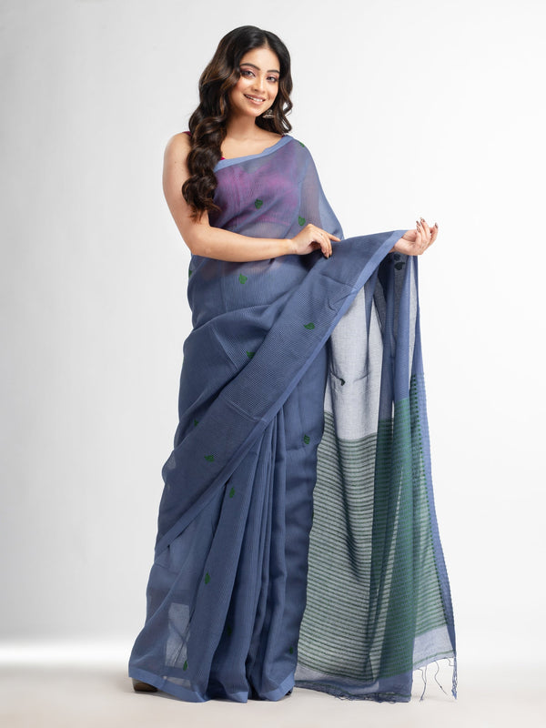 Women's Blue slate grey resham cotton kota check all over Buti jacquqrd Pallu handwoven saree - Angoshobha